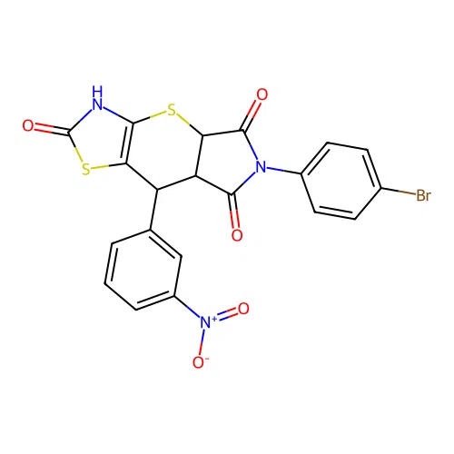6-(4-bromophenyl)-8-(3-nitrophenyl)-3,4a,7a,8-tetrahydropyrrolo[3',4':5,6]thiopyrano[2,3-d][1,3]thiazole-2,5,7(6H)-trione structure
