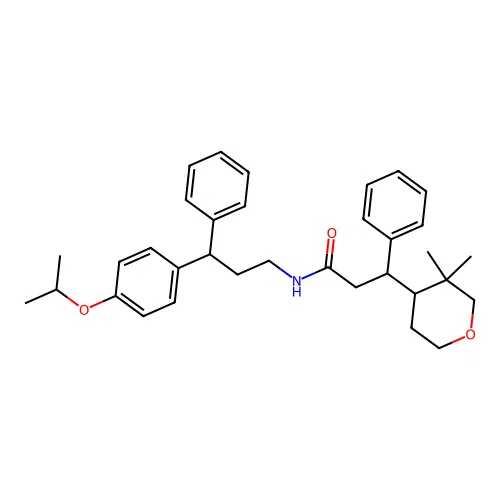 3-(3,3-dimethyloxan-4-yl)-3-phenyl-N-[3-phenyl-3-(4-propan-2-yloxyphenyl)propyl]propanamide structure