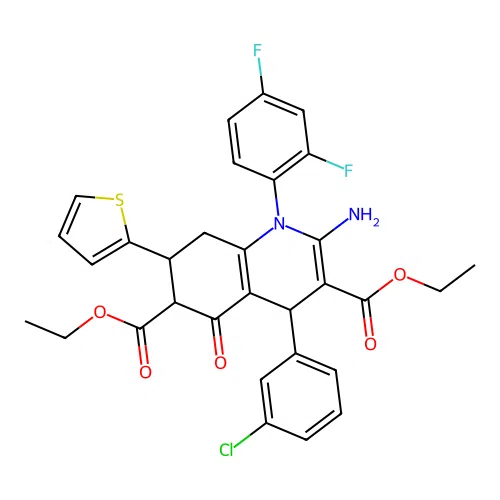 diethyl (4R,6R,7R)-2-amino-4-(3-chlorophenyl)-1-(2,4-difluorophenyl)-5-oxo-7-thiophen-2-yl-4,6,7,8-tetrahydroquinoline-3,6-dicarboxylate structure