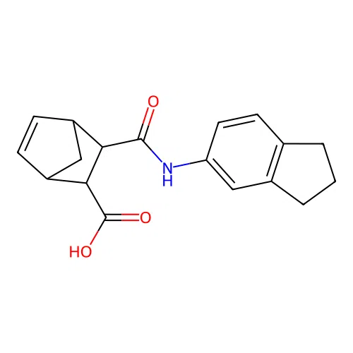 3-(N-indan-5-ylcarbamoyl)bicyclo[2.2.1]hept-5-ene-2-carboxylic acid structure