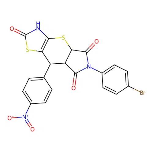 6-(4-bromophenyl)-8-(4-nitrophenyl)-3,4a,7a,8-tetrahydropyrrolo[3',4':5,6]thiopyrano[2,3-d][1,3]thiazole-2,5,7(6H)-trione structure