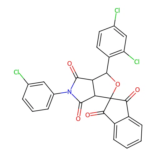 5-(3-chlorophenyl)-1-(2,4-dichlorophenyl)spiro[3a,6a-dihydro-1H-furo[3,4-c]pyrrole-3,2'-indene]-1',3',4,6-tetrone structure
