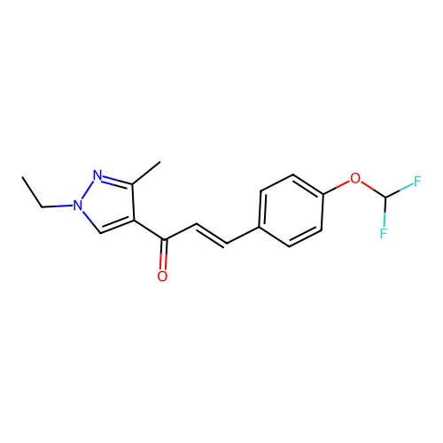 (E)-3-[4-(difluoromethoxy)phenyl]-1-(1-ethyl-3-methylpyrazol-4-yl)prop-2-en-1-one structure