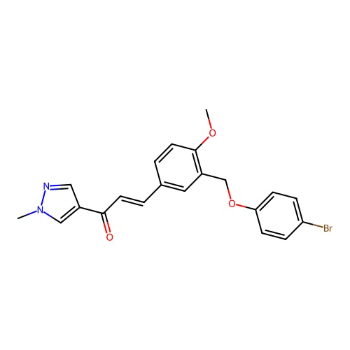 (E)-3-[3-[(4-bromophenoxy)methyl]-4-methoxyphenyl]-1-(1-methylpyrazol-4-yl)prop-2-en-1-one structure