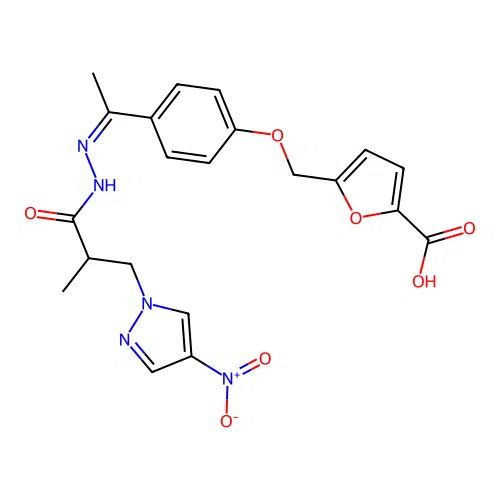 (Z)-5-((4-(1-(2-(2-methyl-3-(4-nitro-1H-pyrazol-1-yl)propanoyl)hydrazono)ethyl)phenoxy)methyl)furan-2-carboxylic acid structure