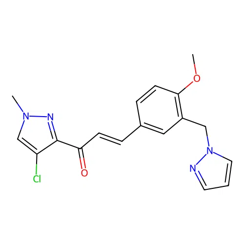 (E)-1-(4-chloro-1-methylpyrazol-3-yl)-3-[4-methoxy-3-(pyrazol-1-ylmethyl)phenyl]prop-2-en-1-one structure
