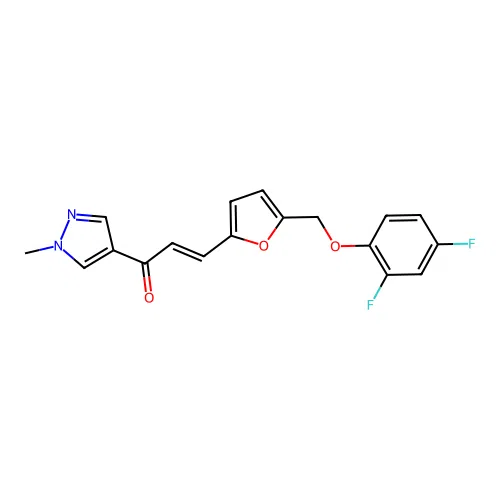 (E)-3-[5-[(2,4-difluorophenoxy)methyl]furan-2-yl]-1-(1-methylpyrazol-4-yl)prop-2-en-1-one structure