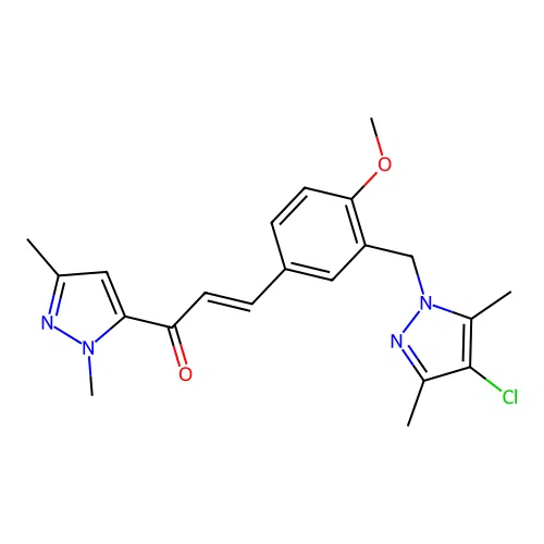 (E)-3-[3-[(4-chloro-3,5-dimethylpyrazol-1-yl)methyl]-4-methoxyphenyl]-1-(2,5-dimethylpyrazol-3-yl)prop-2-en-1-one structure