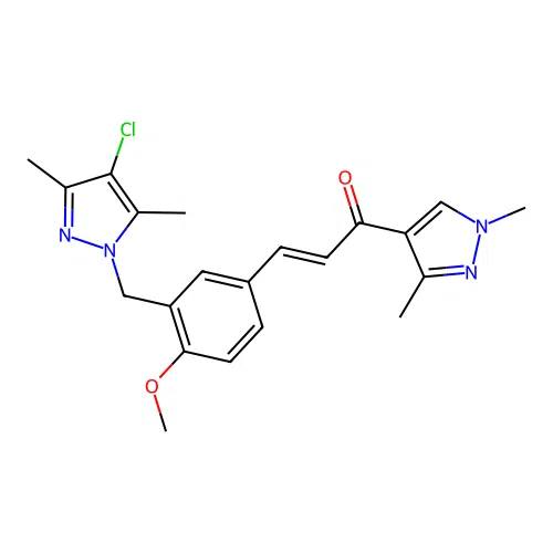 (E)-3-[3-[(4-chloro-3,5-dimethylpyrazol-1-yl)methyl]-4-methoxyphenyl]-1-(1,3-dimethylpyrazol-4-yl)prop-2-en-1-one structure