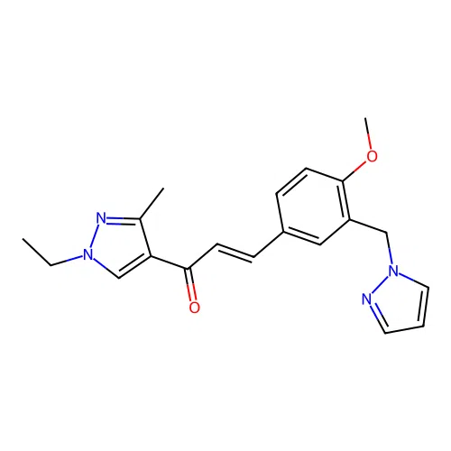 (E)-1-(1-ethyl-3-methylpyrazol-4-yl)-3-[4-methoxy-3-(pyrazol-1-ylmethyl)phenyl]prop-2-en-1-one structure