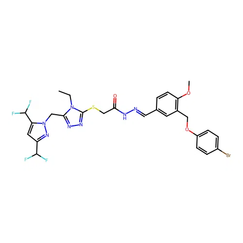 2-[(5-{[3,5-bis(difluoromethyl)-1H-pyrazol-1-yl]methyl}-4-ethyl-4H-1,2,4-triazol-3-yl)sulfanyl]-N'-[(E)-{3-[(4-bromophenoxy)methyl]-4-methoxyphenyl}methylidene]acetohydrazide structure