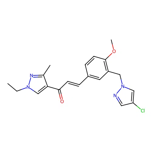 (E)-3-[3-[(4-chloropyrazol-1-yl)methyl]-4-methoxyphenyl]-1-(1-ethyl-3-methylpyrazol-4-yl)prop-2-en-1-one structure