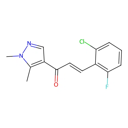 (E)-3-(2-chloro-6-fluorophenyl)-1-(1,5-dimethylpyrazol-4-yl)prop-2-en-1-one structure
