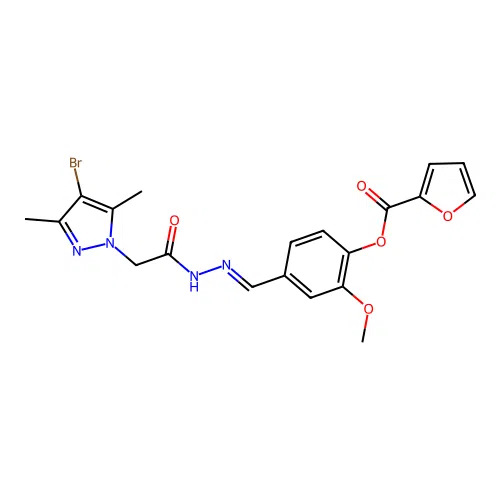 (E)-4-((2-(2-(4-bromo-3,5-dimethyl-1H-pyrazol-1-yl)acetyl)hydrazono)methyl)-2-methoxyphenyl furan-2-carboxylate structure