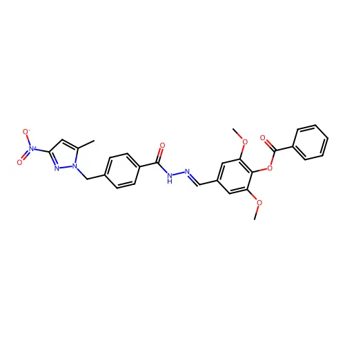 (E)-2,6-dimethoxy-4-((2-(4-((5-methyl-3-nitro-1H-pyrazol-1-yl)methyl)benzoyl)hydrazono)methyl)phenyl benzoate structure