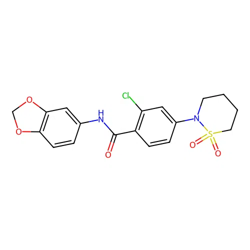 N-(1,3-benzodioxol-5-yl)-2-chloro-4-(1,1-dioxido-1,2-thiazinan-2-yl)benzamide structure