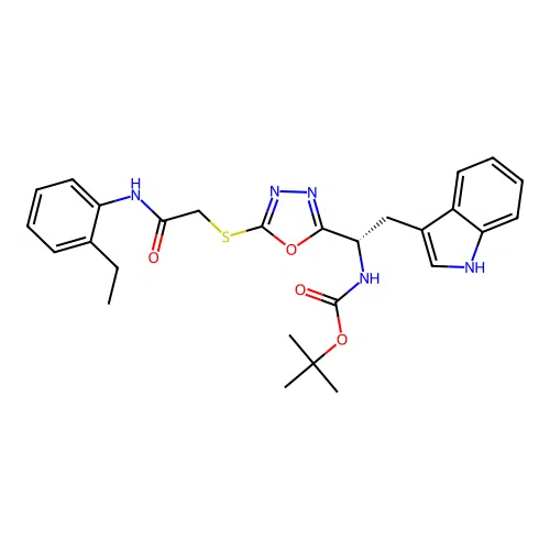 (S)-tert-butyl (1-(5-((2-((2-ethylphenyl)amino)-2-oxoethyl)thio)-1,3,4-oxadiazol-2-yl)-2-(1H-indol-3-yl)ethyl)carbamate structure