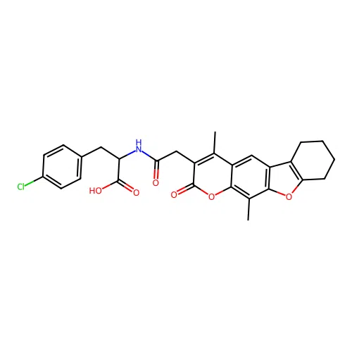 3-(4-chlorophenyl)-2-(2-(4,11-dimethyl-2-oxo-6,7,8,9-tetrahydro-2H-benzofuro[3,2-g]chromen-3-yl)acetamido)propanoic acid structure