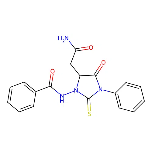 N-[5-(2-amino-2-oxoethyl)-4-oxo-3-phenyl-2-thioxoimidazolidin-1-yl]benzamide structure