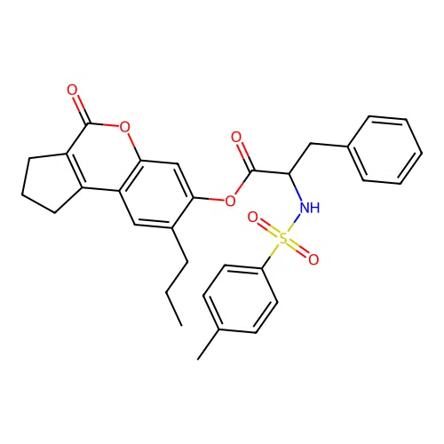 4-oxo-8-propyl-1,2,3,4-tetrahydrocyclopenta[c]chromen-7-yl 2-(4-methylphenylsulfonamido)-3-phenylpropanoate structure