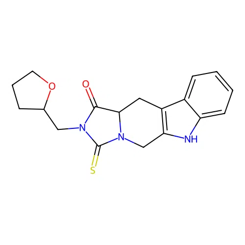 2-((tetrahydrofuran-2-yl)methyl)-3-thioxo-2,3,5,6,11,11a-hexahydro-1H-imidazo[1',5':1,6]pyrido[3,4-b]indol-1-one structure