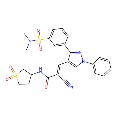 (2E)-2-cyano-3-{3-[3-(dimethylsulfamoyl)phenyl]-1-phenyl-1H-pyrazol-4-yl}-N-(1,1-dioxidotetrahydrothiophen-3-yl)prop-2-enamide structure