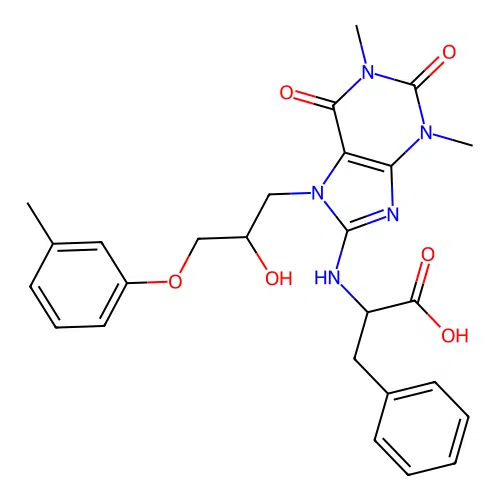 2-((7-(2-hydroxy-3-(m-tolyloxy)propyl)-1,3-dimethyl-2,6-dioxo-2,3,6,7-tetrahydro-1H-purin-8-yl)amino)-3-phenylpropanoic acid structure