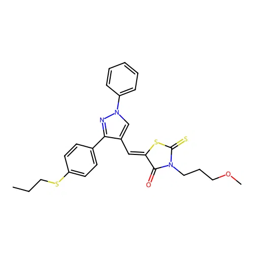(5Z)-3-(3-methoxypropyl)-5-({1-phenyl-3-[4-(propylsulfanyl)phenyl]-1H-pyrazol-4-yl}methylidene)-2-thioxo-1,3-thiazolidin-4-one structure