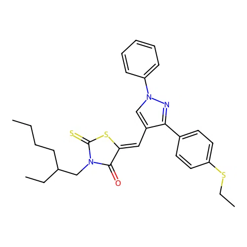(5Z)-3-(2-ethylhexyl)-5-({3-[4-(ethylsulfanyl)phenyl]-1-phenyl-1H-pyrazol-4-yl}methylidene)-2-thioxo-1,3-thiazolidin-4-one structure