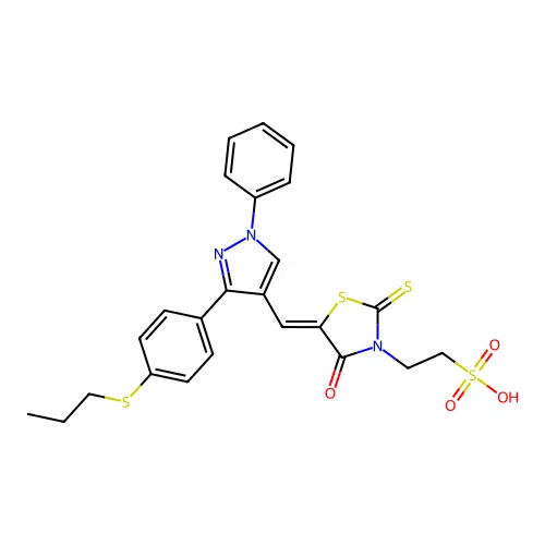 2-[(5Z)-4-oxo-5-({1-phenyl-3-[4-(propylsulfanyl)phenyl]-1H-pyrazol-4-yl}methylidene)-2-thioxo-1,3-thiazolidin-3-yl]ethanesulfonic acid structure