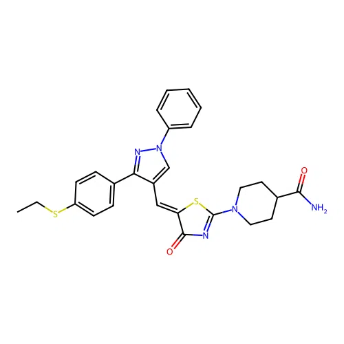 1-[(5Z)-5-({3-[4-(ethylsulfanyl)phenyl]-1-phenyl-1H-pyrazol-4-yl}methylidene)-4-oxo-4,5-dihydro-1,3-thiazol-2-yl]piperidine-4-carboxamide structure
