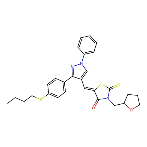 (5Z)-5-({3-[4-(butylsulfanyl)phenyl]-1-phenyl-1H-pyrazol-4-yl}methylidene)-3-(tetrahydrofuran-2-ylmethyl)-2-thioxo-1,3-thiazolidin-4-one structure