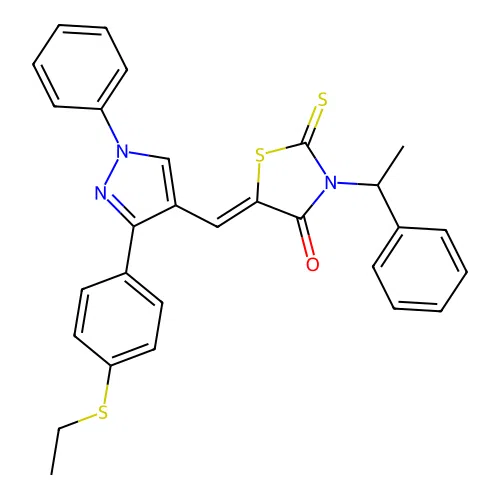 (5Z)-5-({3-[4-(ethylsulfanyl)phenyl]-1-phenyl-1H-pyrazol-4-yl}methylidene)-3-(1-phenylethyl)-2-thioxo-1,3-thiazolidin-4-one structure