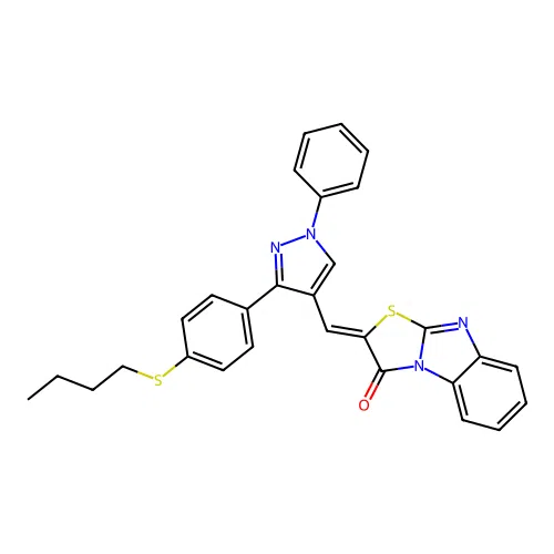 (2Z)-2-({3-[4-(butylsulfanyl)phenyl]-1-phenyl-1H-pyrazol-4-yl}methylidene)[1,3]thiazolo[3,2-a]benzimidazol-3(2H)-one structure