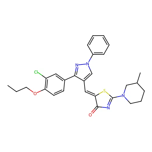 (5Z)-5-{[3-(3-chloro-4-propoxyphenyl)-1-phenyl-1H-pyrazol-4-yl]methylidene}-2-(3-methylpiperidin-1-yl)-1,3-thiazol-4(5H)-one structure