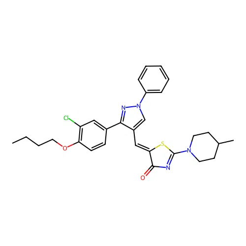 (5Z)-5-{[3-(4-butoxy-3-chlorophenyl)-1-phenyl-1H-pyrazol-4-yl]methylidene}-2-(4-methylpiperidin-1-yl)-1,3-thiazol-4(5H)-one structure