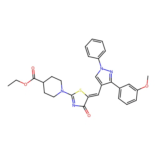 ethyl 1-[(5Z)-5-{[3-(3-methoxyphenyl)-1-phenyl-1H-pyrazol-4-yl]methylidene}-4-oxo-4,5-dihydro-1,3-thiazol-2-yl]piperidine-4-carboxylate structure