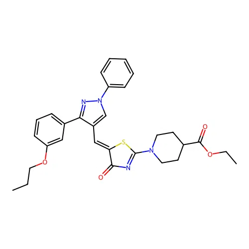 ethyl 1-[(5Z)-4-oxo-5-{[1-phenyl-3-(3-propoxyphenyl)-1H-pyrazol-4-yl]methylidene}-4,5-dihydro-1,3-thiazol-2-yl]piperidine-4-carboxylate structure