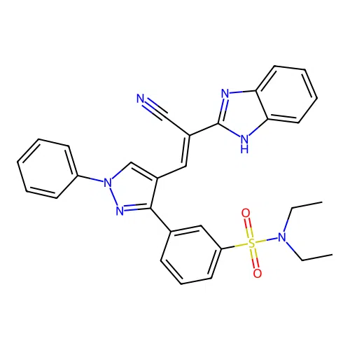 3-{4-[(E)-2-(1H-benzimidazol-2-yl)-2-cyanoethenyl]-1-phenyl-1H-pyrazol-3-yl}-N,N-diethylbenzenesulfonamide structure