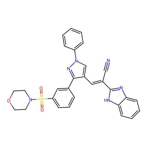 (E)-2-(1H-benzimidazol-2-yl)-3-[3-(3-morpholin-4-ylsulfonylphenyl)-1-phenylpyrazol-4-yl]prop-2-enenitrile structure