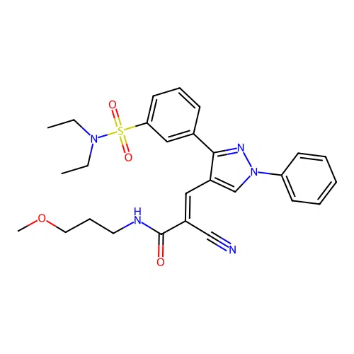 (2E)-2-cyano-3-{3-[3-(diethylsulfamoyl)phenyl]-1-phenyl-1H-pyrazol-4-yl}-N-(3-methoxypropyl)prop-2-enamide structure