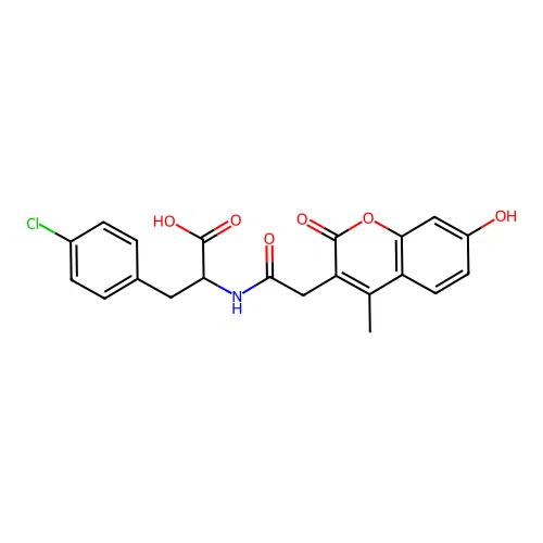 3-(4-chlorophenyl)-2-(2-(7-hydroxy-4-methyl-2-oxo-2H-chromen-3-yl)acetamido)propanoic acid structure