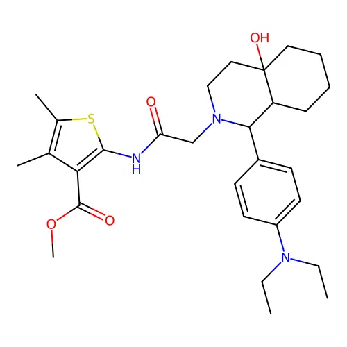 methyl 2-(2-(1-(4-(diethylamino)phenyl)-4a-hydroxyoctahydroisoquinolin-2(1H)-yl)acetamido)-4,5-dimethylthiophene-3-carboxylate structure