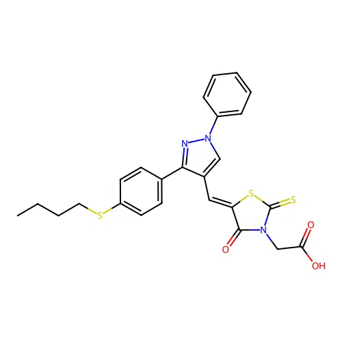 [(5Z)-5-({3-[4-(butylsulfanyl)phenyl]-1-phenyl-1H-pyrazol-4-yl}methylidene)-4-oxo-2-thioxo-1,3-thiazolidin-3-yl]acetic acid structure