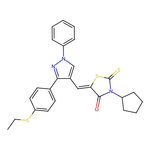 (5Z)-3-cyclopentyl-5-({3-[4-(ethylsulfanyl)phenyl]-1-phenyl-1H-pyrazol-4-yl}methylidene)-2-thioxo-1,3-thiazolidin-4-one structure