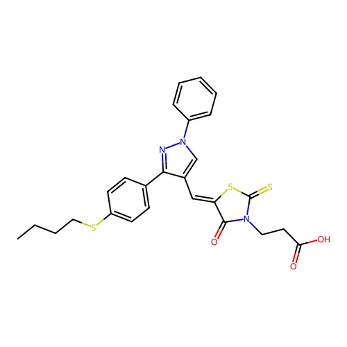 3-[(5Z)-5-({3-[4-(butylsulfanyl)phenyl]-1-phenyl-1H-pyrazol-4-yl}methylidene)-4-oxo-2-thioxo-1,3-thiazolidin-3-yl]propanoic acid structure
