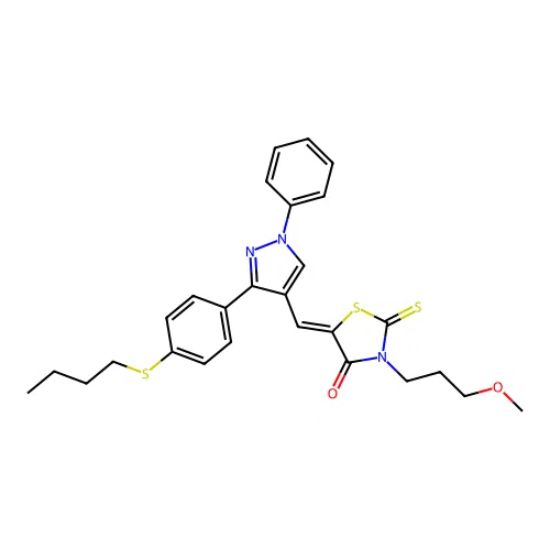 (5Z)-5-({3-[4-(butylsulfanyl)phenyl]-1-phenyl-1H-pyrazol-4-yl}methylidene)-3-(3-methoxypropyl)-2-thioxo-1,3-thiazolidin-4-one structure