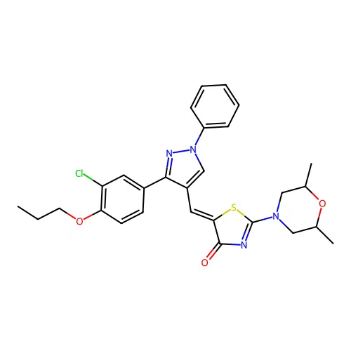 (5Z)-5-{[3-(3-chloro-4-propoxyphenyl)-1-phenyl-1H-pyrazol-4-yl]methylidene}-2-(2,6-dimethylmorpholin-4-yl)-1,3-thiazol-4(5H)-one structure