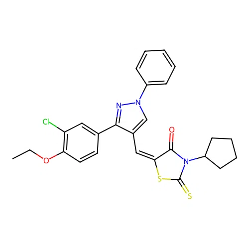 (5E)-5-[[3-(3-chloro-4-ethoxyphenyl)-1-phenylpyrazol-4-yl]methylidene]-3-cyclopentyl-2-sulfanylidene-1,3-thiazolidin-4-one structure