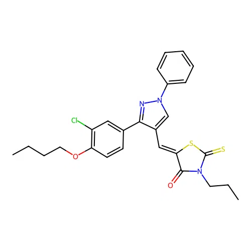 (5Z)-5-{[3-(4-butoxy-3-chlorophenyl)-1-phenyl-1H-pyrazol-4-yl]methylidene}-3-propyl-2-thioxo-1,3-thiazolidin-4-one structure